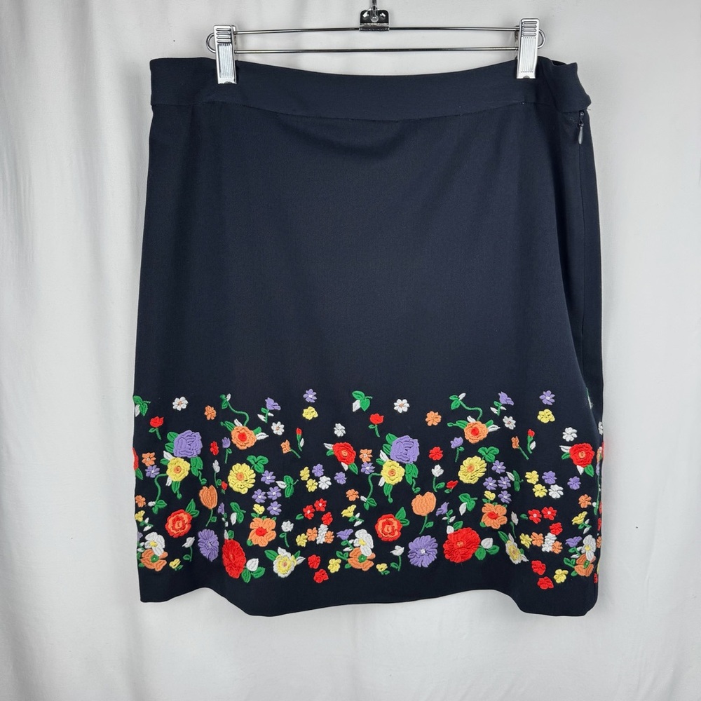 Black A-line Skirt with Colorful Floral Embroidery at Bottom